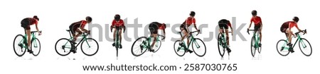 Creative collage. Cyclist accelerating, turning, maneuvering on racing bike in dynamic motion against white studio background. Concept of sport, endurance, speed and dynamic, championship,