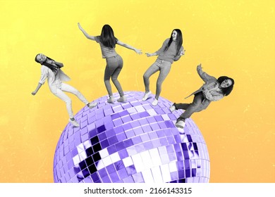 Creative collage of dancing big disco ball girls black white colors effect isolated on drawing background - Shutterstock ID 2166143315