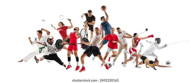 Creative collage depicting mix of men and women, athletes of various sports in motion, competing isolated on white background. Concept of professional sport, competition, tournament, achievements - Powered by Shutterstock