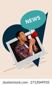 Creative collage of digital frame with bold news bubble concept of modern communication fake news breaking news.