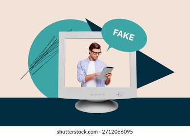 Creative collage of digital frame with bold news bubble concept of modern communication fake news breaking news.