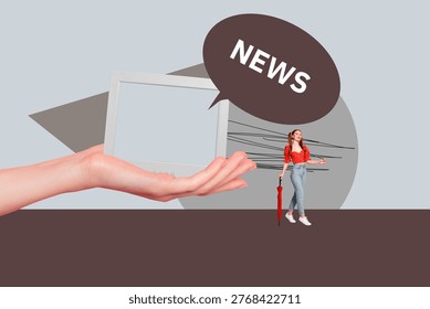 Creative collage of digital frame with bold news bubble concept of modern communication fake news breaking news.