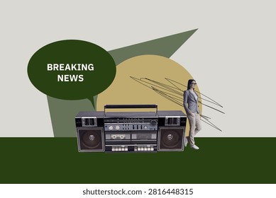 Creative collage of digital frame with bold news bubble concept of modern communication fake news breaking news.