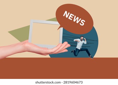 Creative collage of digital frame with bold news bubble concept of modern communication fake news breaking news.