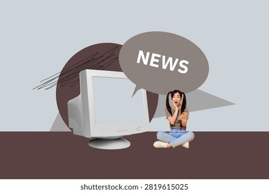 Creative collage of digital frame with bold news bubble concept of modern communication fake news breaking news.