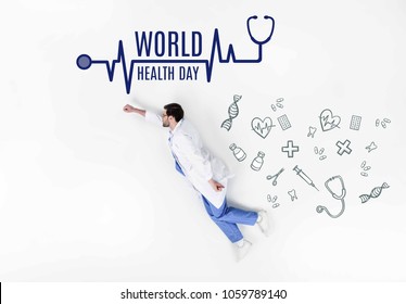 Creative Collage Of Doctor Flying Like Super Hero With World Health Day Inscription And Medical Icons