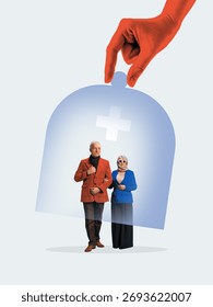 Creative collage. Elderly couple under glass dome with medical cross representing social insurance protection. Concept of care, safety, wellbeing for seniors emphasizing trust and life stability.