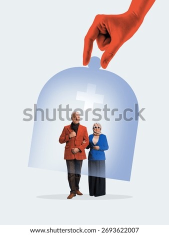 Creative collage. Elderly couple under glass dome with medical cross representing social insurance protection. Concept of care, safety, wellbeing for seniors emphasizing trust and life stability.