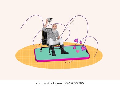 Creative collage of excited mini grandfather fisherman hold rod catch like notification huge smart phone display isolated on white background