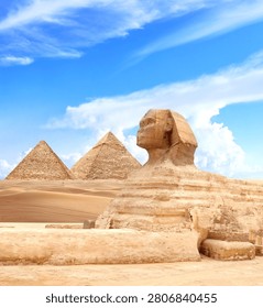 Creative collage - Famous Great Sphinx and pyramids of Menkaure, Chephren, Cheops, Cairo, Egypt. Three iconic Great Pyramids, Sphinx and sand dunes, Giza Necropolis, popular destination for traveller