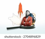 Creative collage featuring a bearded young man in a business suit with gears behind him and a paper rocket taking off.