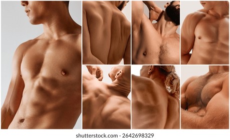 Creative collage featuring close-up views of male torsos, backs, shoulders, and muscles with detailed skin texture in bright studio light. Concept of health and body symmetry, male body anatomy