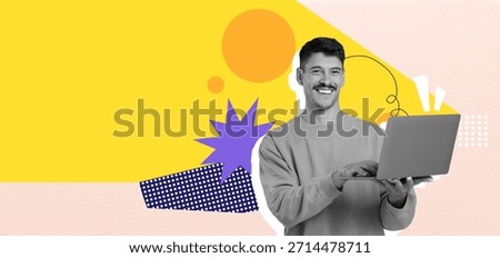 Creative Collage Featuring a Smiling Man Using a Laptop in a Vibrant Design Setting