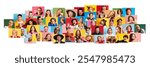 Creative collage featuring variety of people posing in playful, silly, and cheerful ways. Each person shown against colorful background. Concept of human emotions, diversity, age, positive. ad