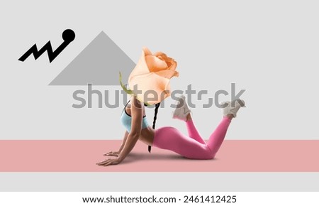 Creative collage of girl doing exercise, flower instead head