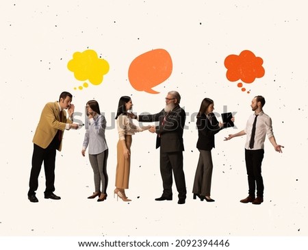 Creative collage of group of people communicating, having business discussion. Speech bubbles elements. Concept of news discussion, ideas generation, professinal growth. Copy space for ad