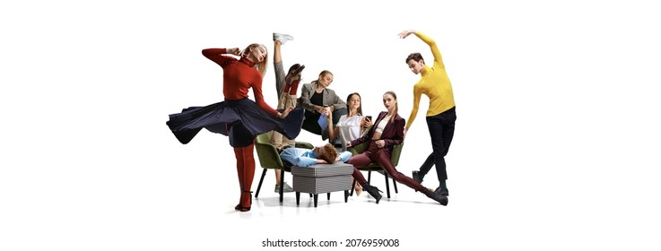 Creative collage of group of young people, male and female, sitting on sofa, talking and dancing isolated over white background. Concept of fashion, style, friendship. Facial expression, feelings. - Powered by Shutterstock