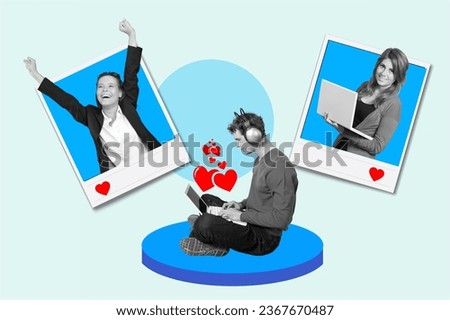 Creative collage of guy scroll instagram girls post