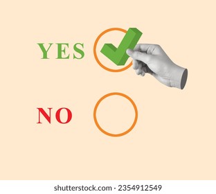 Creative collage of the hand choosing yes. Modern design. Copy space.