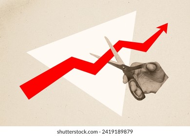 Creative collage hand cutting dynamic arrow progress statistic rise up reach target positive result top improvement drawing background