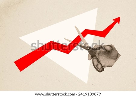 Creative collage hand cutting dynamic arrow progress statistic rise up reach target positive result top improvement drawing background