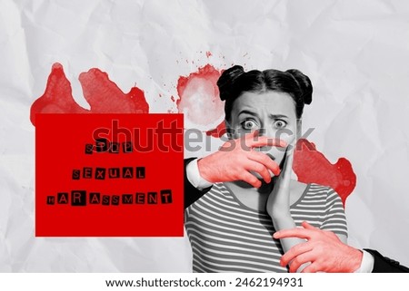 Creative collage of hand grab afraid girl stop sexual harrasment victim problem against aggression bizarre unusual fantasy billboard comics