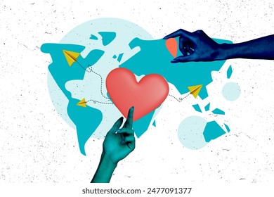 Creative collage of hand hold heart send message valentine day match find love internet world map bizarre unusual fantasy billboard comics - Powered by Shutterstock