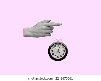 Creative collage of hand holding clock. The concept of time for different cases. Modern design. Copy space. - Shutterstock ID 2242673361