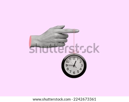 Creative collage of hand holding clock. The concept of time for different cases. Modern design. Copy space.