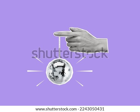 Creative collage of hand holding a disco ball. Concept of relaxation, music, creativity, vintage style. Modern design. Copy space.