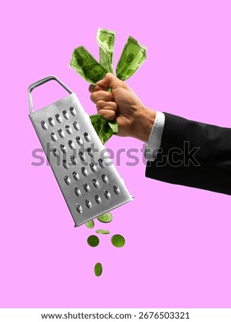 Creative collage. Hand squeezing dollar bills through grater with coins falling on pink background. Concept of financial pressure, money management, cost reduction, and economic challenges.