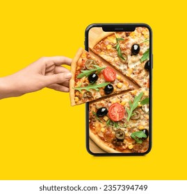 Creative collage with hand taking slice of tasty pizza and mobile phone on yellow background - Powered by Shutterstock