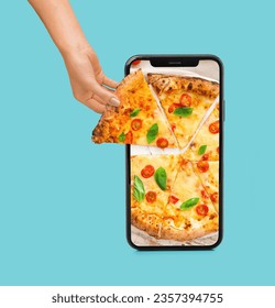 Creative collage with hand taking slice of tasty pizza Margarita and mobile phone on blue background