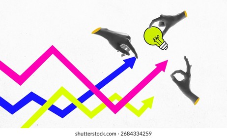 Creative collage of hands with arrows and light bulb symbol showing growth and inspired emotion. Concept of product and still life advertising, business development, and creative branding visuals.