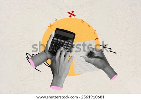 Creative Collage of Hands Calculating with Calculator and Notepad on Abstract Background