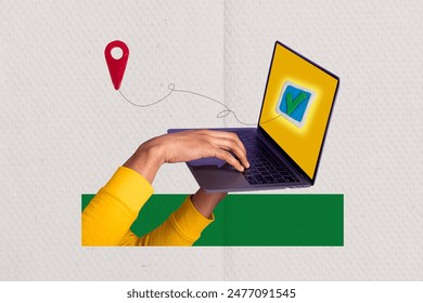 Creative collage of hands hold laptop typing gps geologation navigation bizarre unusual fantasy billboard comics