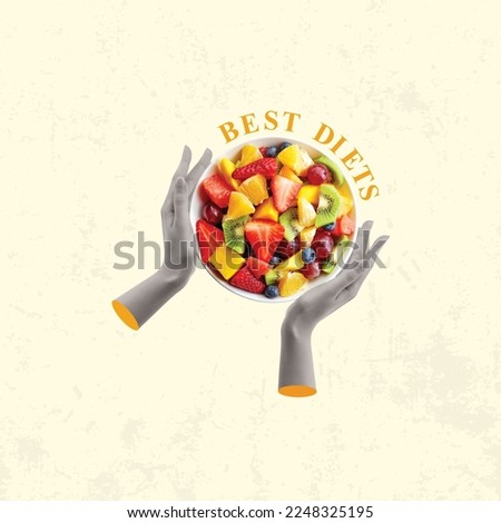 Creative collage of  hands holding a plate of fruit. The concept of diet and healthy nutrition. Copy space for ad.