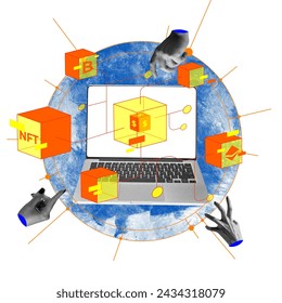 Creative collage. Hands reaching laptop with dollar sign and floating 3D crypto icons on blue digital globe. Rise of NFTs and market impact. Concept of cryptocurrency, business, trading, virtual money - Powered by Shutterstock - Get 15% off with code: PIKWIZARD15