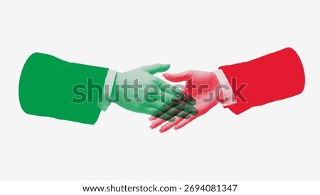 Creative collage. Handshake between red and green business partners symbolizing negotiation. Concept of diplomacy, conflict resolution, cross-border trade, and corporate communication strategy.