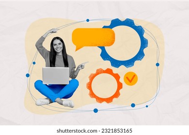 Creative collage of happy black white colors girl use netbook point fingers empty space dialogue bubble cogwheel gear checkmark - Powered by Shutterstock