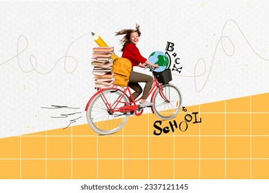 Creative collage of happy girl ride bicycle back to school pile stack book bag pencil planet earth globe isolated on painted background - Powered by Shutterstock