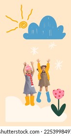 Creative collage with happy kid, children having fun, playing over light background with drawings, doodles and illustration elements. Spring, happiness, carefree childhood concept