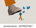 Creative collage happy young man walk foot step himself cycle surreal blogger chat social media tweet bird sketch draw banner