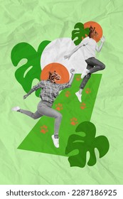 Creative collage of headless absurd wild animal running hurry fast speed squirrel leopard hunt find discount isolated on green background