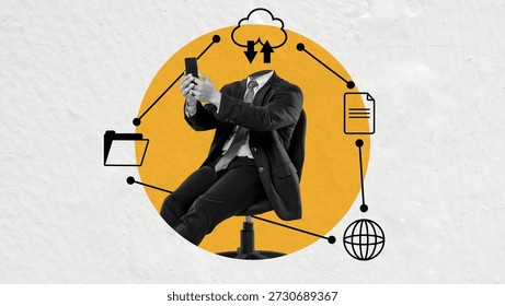 Creative collage of a headless businessman using a phone, surrounded by networking icons like cloud, folder, and globe, symbolizing modern digital connectivity and technology in the workspace