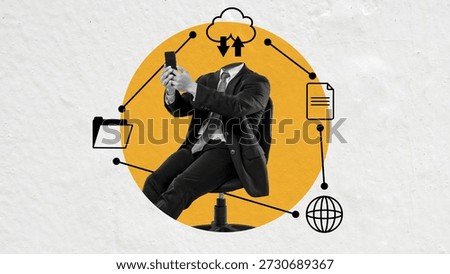 Creative collage of a headless businessman using a phone, surrounded by networking icons like cloud, folder, and globe, symbolizing modern digital connectivity and technology in the workspace