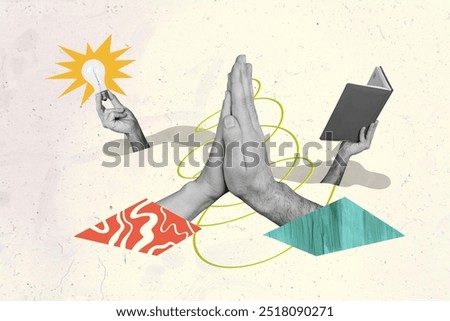 Creative collage human hands palms high five cooperation unity trust teamwork book reader lamp lightbulb eureka success idea solution
