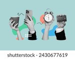 Creative collage human hands showing credit card cashless payment clock countdown smartphone cup drink coffee tea drawing background