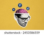 Creative collage human head man smart nerd glasses half brain psychedelic concept social media tiktok facebook instagram network user