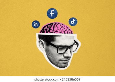 Creative collage human head man smart nerd glasses half brain psychedelic concept social media tiktok facebook instagram network user